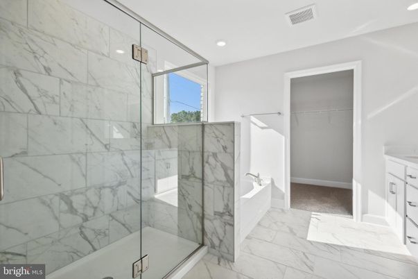 Bathroom, Glass Shower, Interior, Marble, Marble Walls, Recessed Lighting