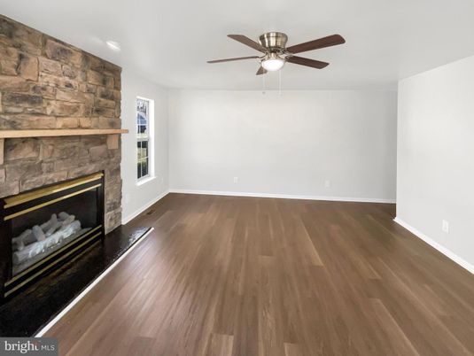 Empty room, Fireplace, Interior, Recessed Lighting, Wood Texture Flooring