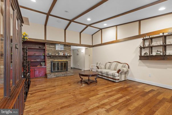 Fireplace, Interior, Recessed Lighting, Stone Walls, Wood Texture Flooring