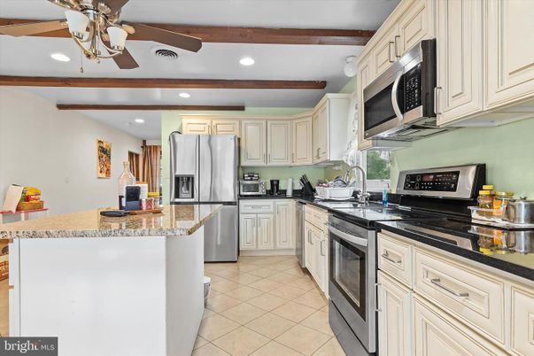 Interior, Kitchen, Recessed Lighting, Stainless Steel Appliances, Wooden Beams