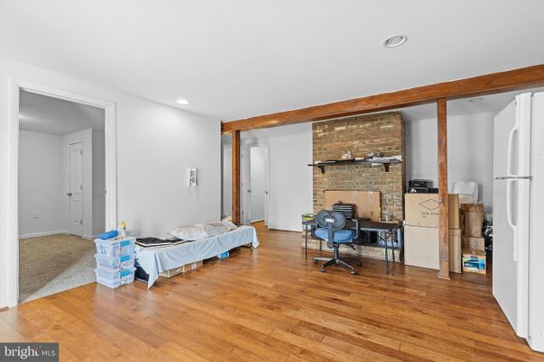 Fireplace, Home Office, Interior, Recessed Lighting, Stone Walls, Wood Texture Flooring