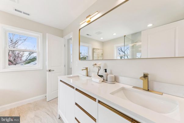 Bathroom, Dual Sink Vanities, Glass Shower, Interior, Marble, Recessed Lighting