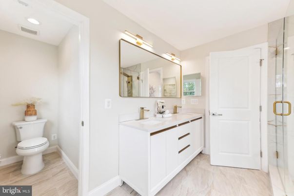 Bathroom, Dual Sink Vanities, Glass Shower, Interior, Marble, Recessed Lighting