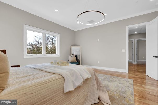 Bedroom, Interior, Pendant Lights, Recessed Lighting, Wood Texture Flooring