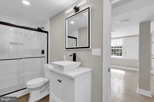 Bathroom, Glass Shower, Interior, Recessed Lighting, Wood Texture Flooring