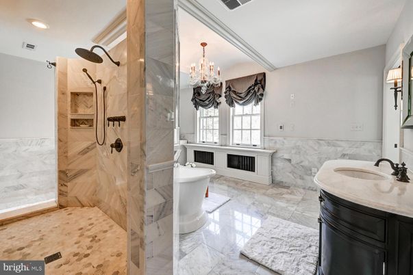 Bathroom, Chandelier, Free Standing Baths, Glass Shower, Interior, Marble, Marble Walls, Recessed Lighting