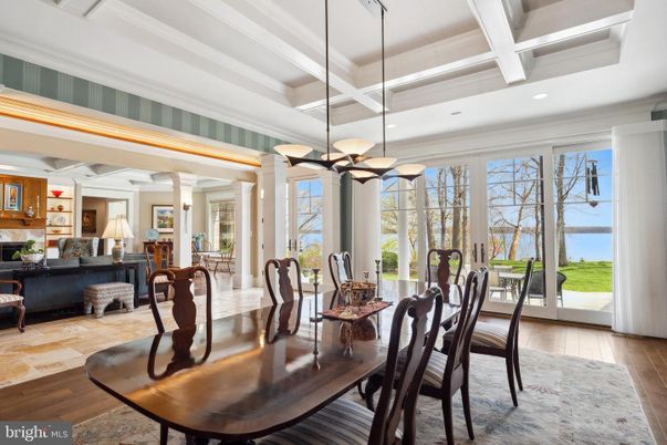 Dining room, Fireplace, Interior, Living room, Pendant Lights, Recessed Lighting, Water, Wood Texture Flooring