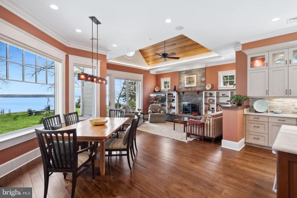 Dining room, Fireplace, Interior, Living room, Pendant Lights, Recessed Lighting, Stone Walls, Wooden Ceilings, Wood Texture Flooring