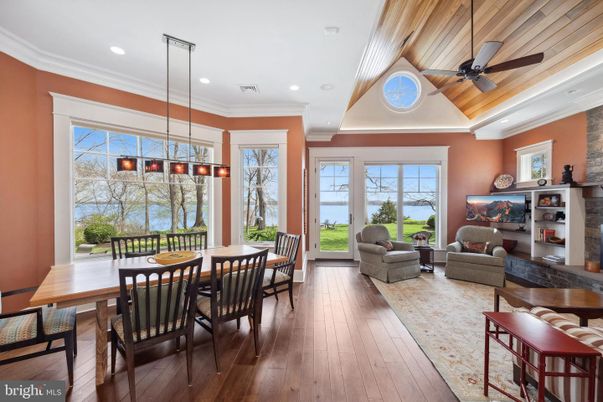 Dining room, Fireplace, Interior, Living room, Pendant Lights, Recessed Lighting, Wooden Ceilings, Wood Texture Flooring