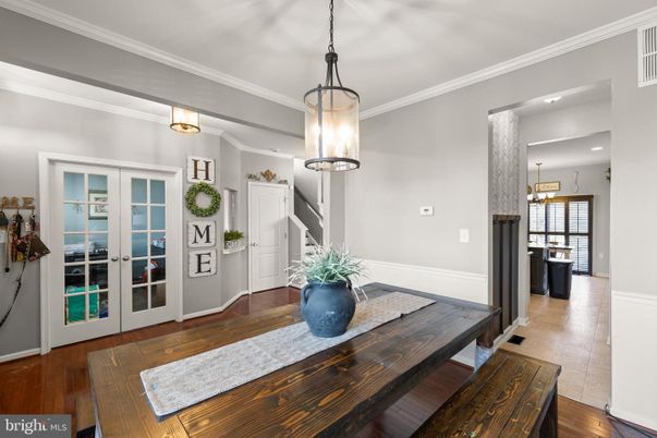Dining room, Interior, Pendant Lights, Recessed Lighting, Wood Texture Flooring
