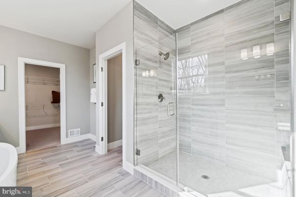 Bathroom, Glass Shower, Interior, Wood Texture Flooring