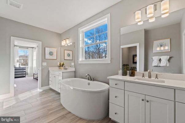 Bathroom, Dual Sink Vanities, Free Standing Baths, Interior, Wood Texture Flooring