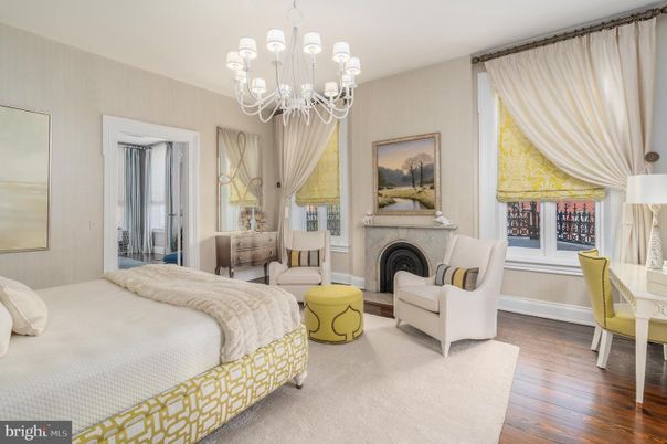 Bedroom, Chandelier, Fireplace, Interior, Wood Texture Flooring