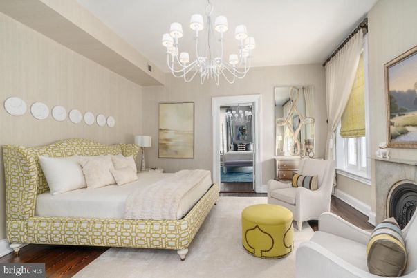 Bedroom, Chandelier, Fireplace, Interior, Wood Texture Flooring