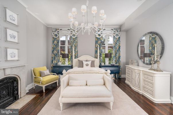 Bedroom, Chandelier, Fireplace, Interior, Wood Texture Flooring