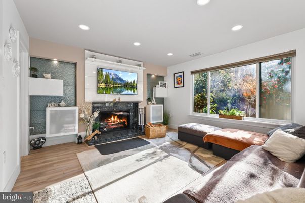 Fireplace, Interior, Living room, Recessed Lighting, Wood Texture Flooring