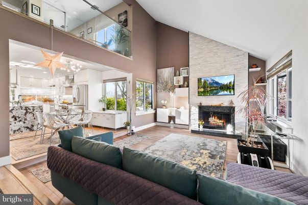 Dining room, Fireplace, Interior, Kitchen, Living room, Stone Walls, Wood Texture Flooring