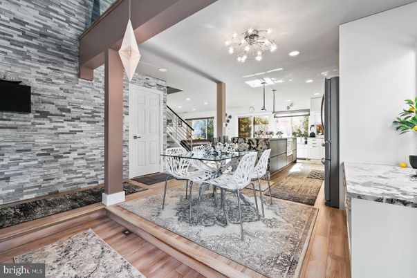 Dining room, Interior, Kitchen, Pendant Lights, Recessed Lighting, Stone Walls, Wood Texture Flooring