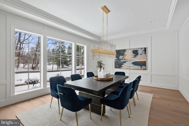 Dining room, Interior, Pendant Lights, Recessed Lighting, Wood Texture Flooring