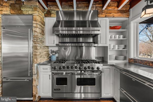 Interior, Kitchen, Stainless Steel Appliances, Stone Walls, Wood Texture Flooring