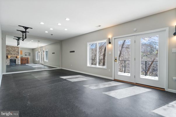 Empty room, Fireplace, Interior, Recessed Lighting, Stone Walls