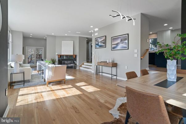 Dining room, Fireplace, Interior, Living room, Pendant Lights, Piano, Recessed Lighting, Wood Texture Flooring