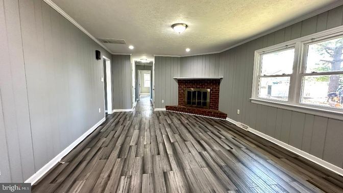 Empty room, Fireplace, Interior, Recessed Lighting, Wood Texture Flooring