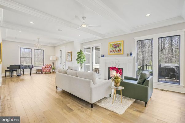 Chandelier, Fireplace, Interior, Living room, Piano, Recessed Lighting, Wood Texture Flooring