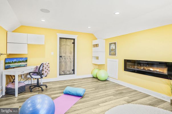 Fireplace, Home Office, Interior, Recessed Lighting, Wood Texture Flooring