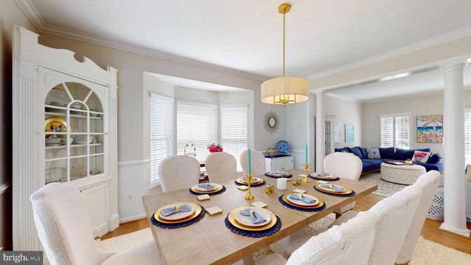 Dining room, Interior, Living room, Pendant Lights, Wood Texture Flooring