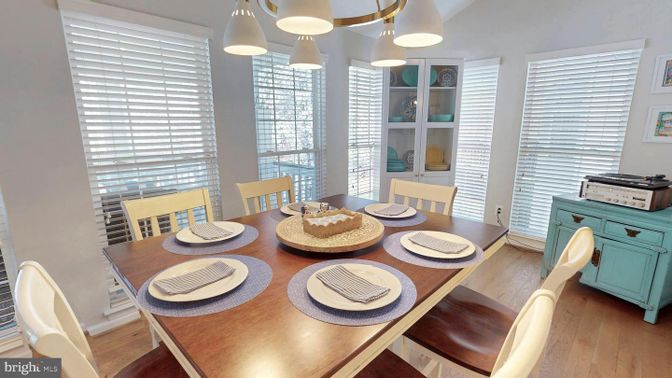 Dining room, Interior, Pendant Lights, Wood Texture Flooring