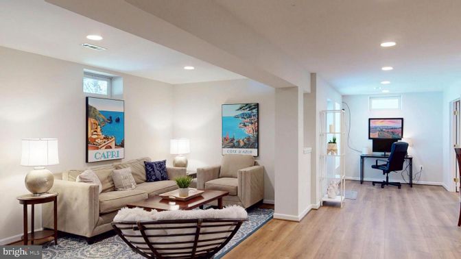 Home Office, Interior, Living room, Recessed Lighting, Wood Texture Flooring