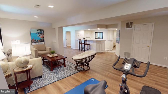 Fitness Equipment, Interior, Kitchen, Living room, Recessed Lighting, Wood Texture Flooring