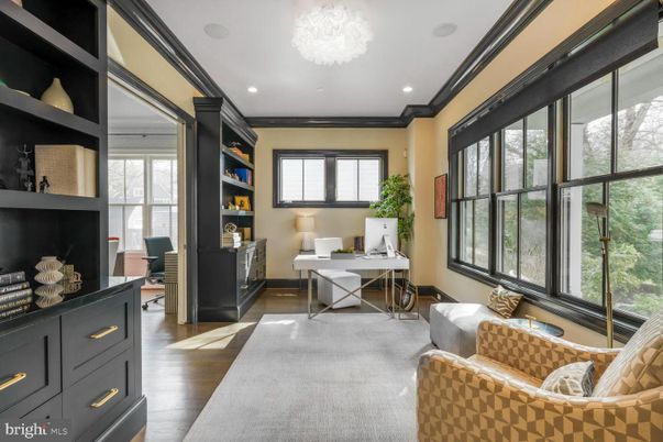 Chandelier, Home Office, Interior, Recessed Lighting, Wood Texture Flooring