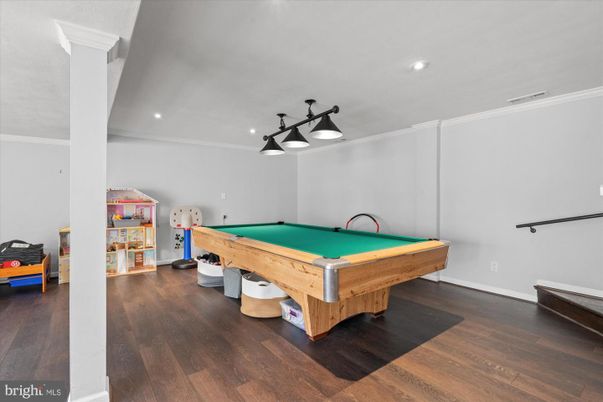 Billiard Table, Game Room, Interior, Pendant Lights, Recessed Lighting, Wood Texture Flooring