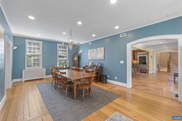 Dining room, Interior, Pendant Lights, Recessed Lighting, Wood Texture Flooring