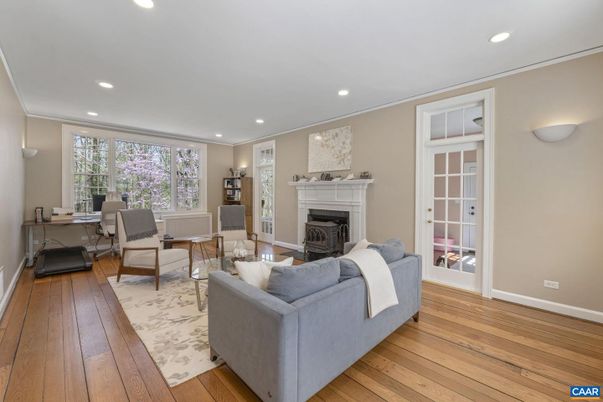 Fireplace, Interior, Living room, Recessed Lighting, Wood Texture Flooring