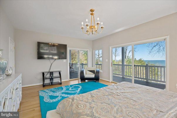 Bedroom, Chandelier, Interior, Water, Wood Texture Flooring
