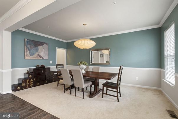 Dining room, Interior, Pendant Lights, Wood Texture Flooring