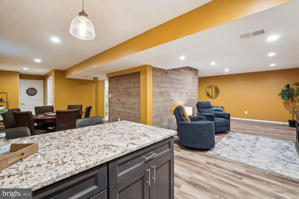 Dining room, Interior, Pendant Lights, Recessed Lighting, Wood Texture Flooring
