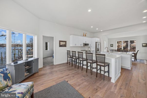 Dining room, Interior, Kitchen, Recessed Lighting, Water, Wood Texture Flooring
