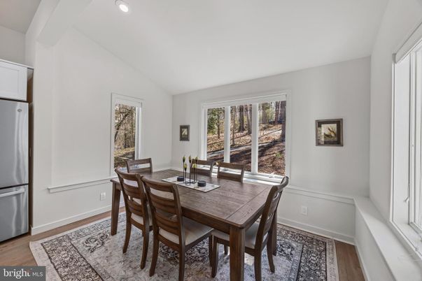 Dining room, Interior, Recessed Lighting, Wood Texture Flooring