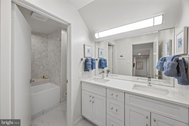 Bathroom, Dual Sink Vanities, Interior, Marble, Marble Walls, Recessed Lighting