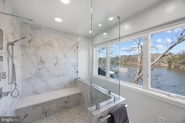 Bathroom, Glass Shower, Interior, Marble Walls, Recessed Lighting, Water