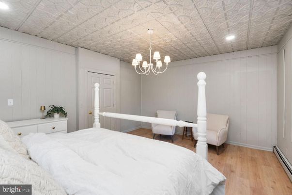 Bedroom, Chandelier, Interior, Recessed Lighting, Wood Texture Flooring