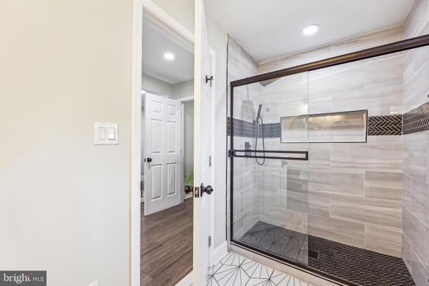 Bathroom, Glass Shower, Interior, Recessed Lighting, Wood Texture Flooring