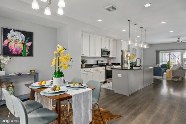 Dining room, Interior, Kitchen, Living room, Pendant Lights, Recessed Lighting, Stainless Steel Appliances, Wood Texture Flooring