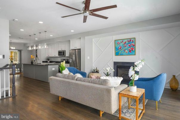 Fireplace, Interior, Kitchen, Living room, Pendant Lights, Recessed Lighting, Stainless Steel Appliances, Wood Texture Flooring