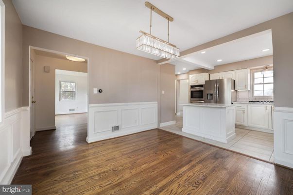 Chandelier, Interior, Kitchen, Recessed Lighting, Stainless Steel Appliances, Wood Texture Flooring