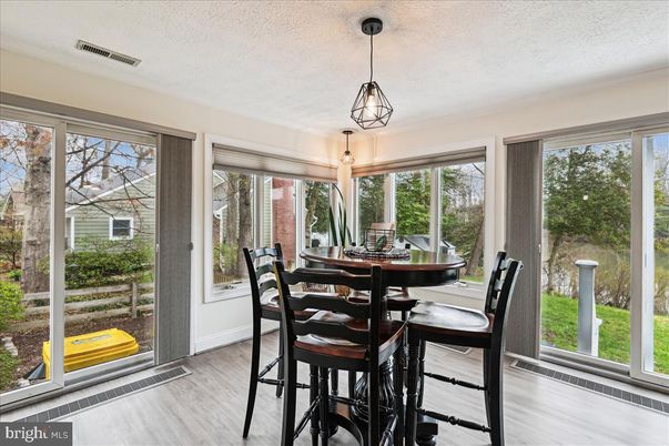 Dining room, Interior, Pendant Lights, Wood Texture Flooring